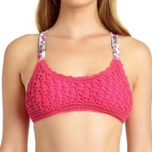 California Waves Crochet Floral Bikini Swim Top XS Raspberry